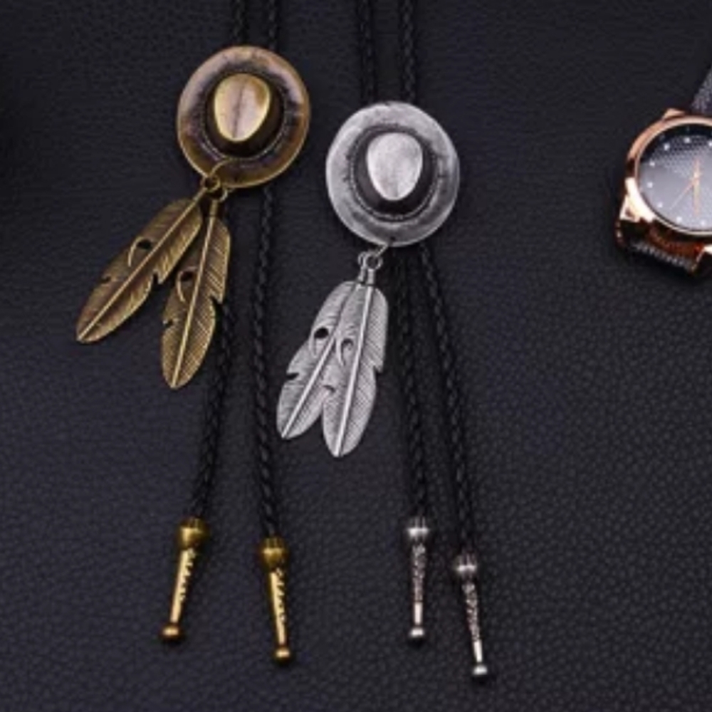 Western Bolo Tie Hat Feathers Necklace Accessory